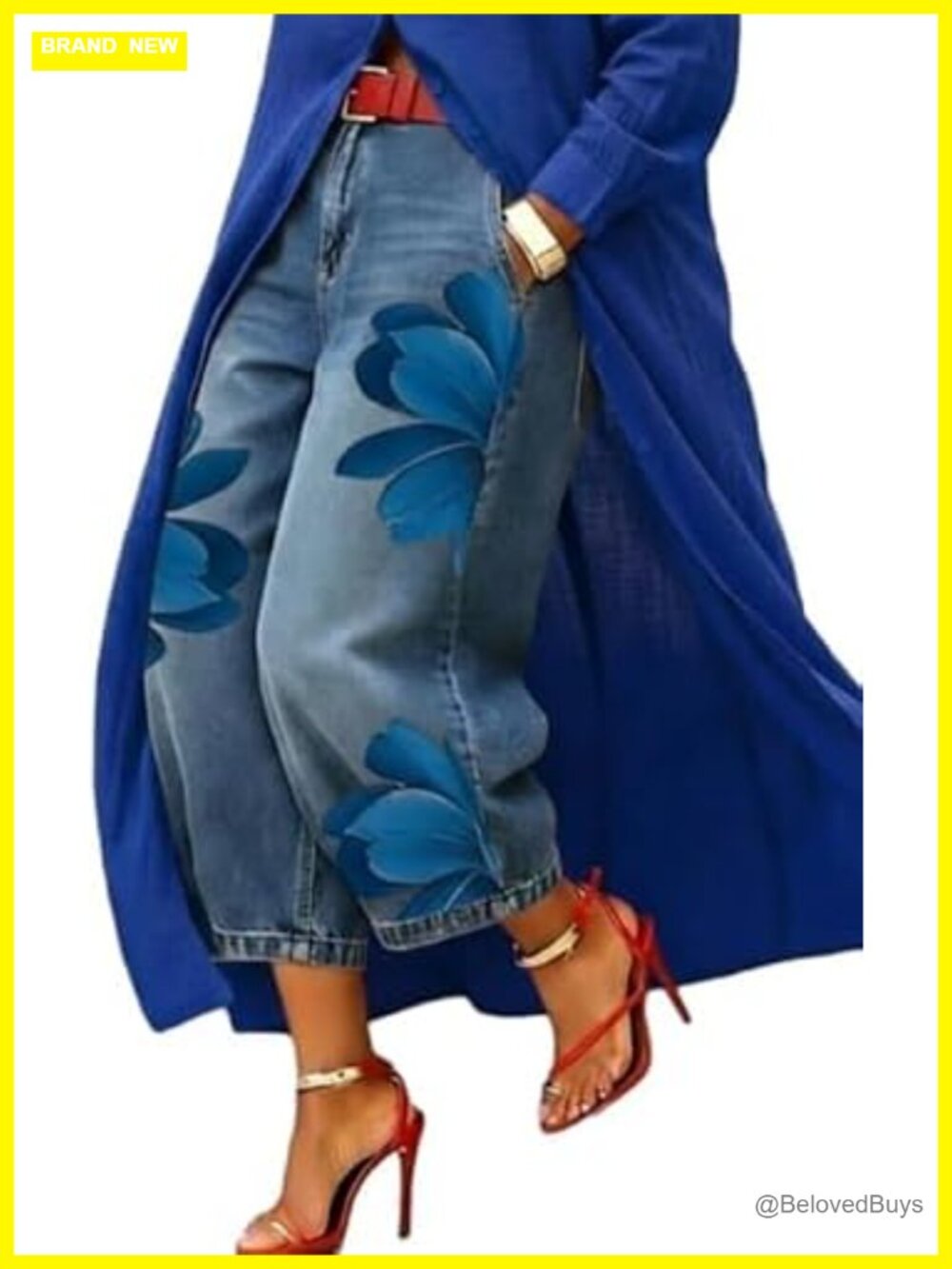Wide Leg High Rise Cropped Floral Print Jeans with Pockets